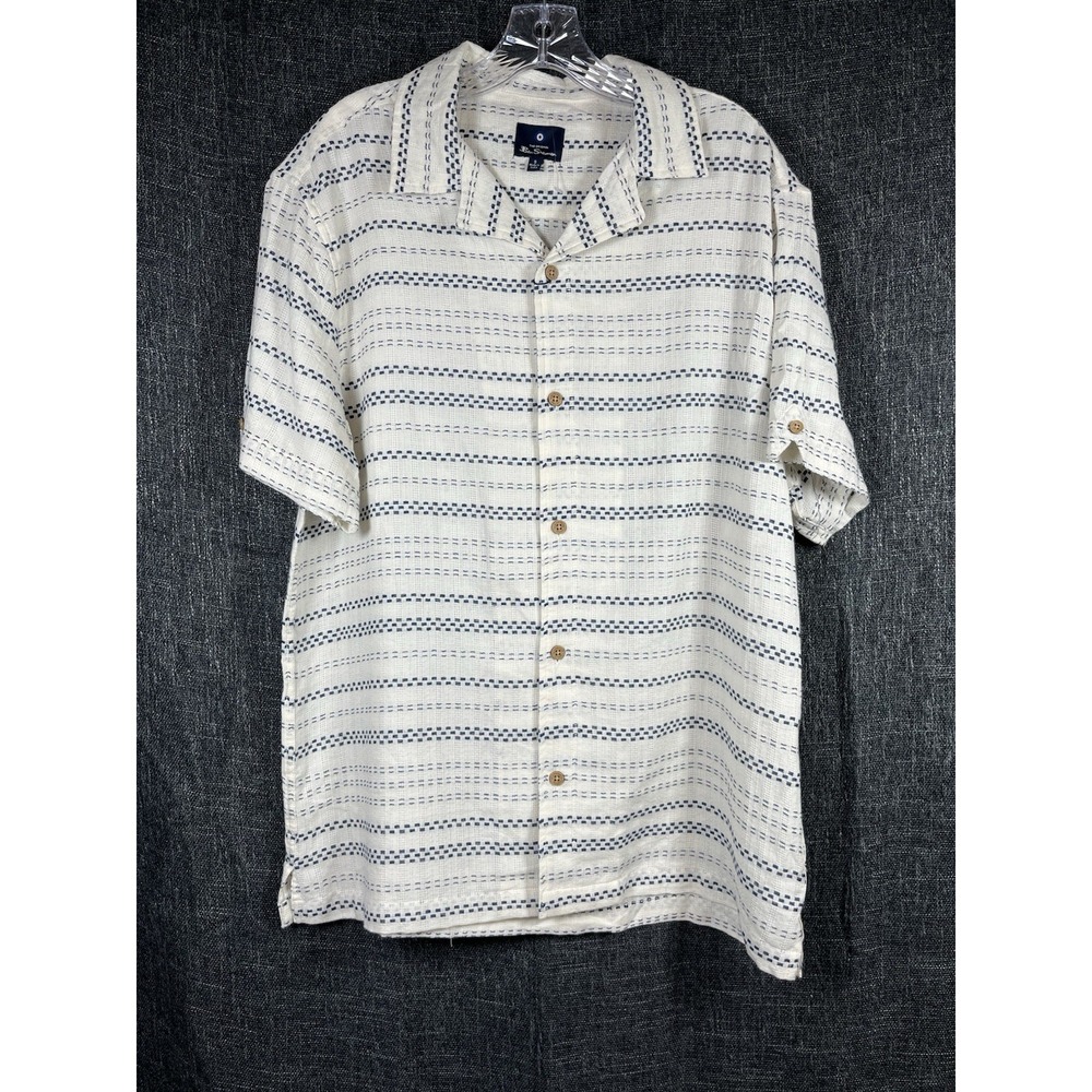 $99 NWT Ben Sherman Sz S Shirt Button Up Ivory Navy Stitching Short Sleeve Camp